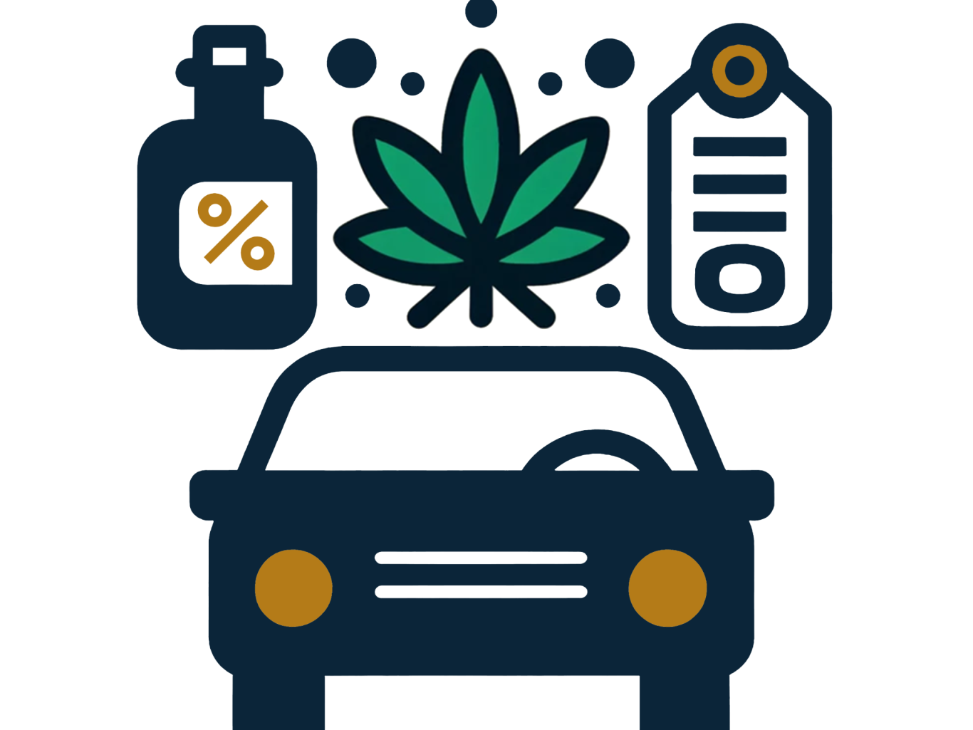Auto mit Symbolen für Cannabis, Alkoholgehalt und Strafzettel.
