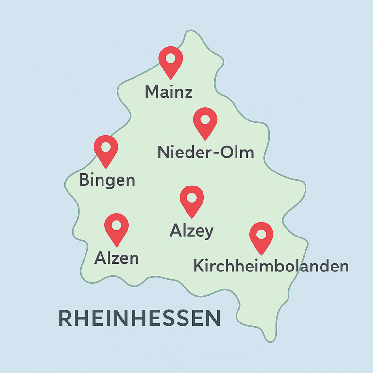 Karte von Rheinhessen mit Städten: Mainz, Bingen, Alzey, Alzen, Nieder-Olm, Kirchheimbolanden.
