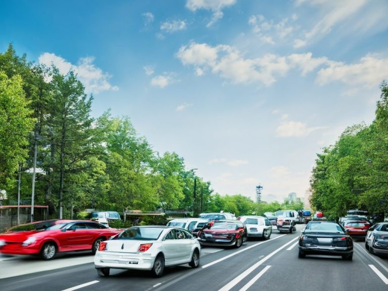 Hauptstraße mit starkem Verkehr, gesäumt von Bäumen und parkenden Autos.