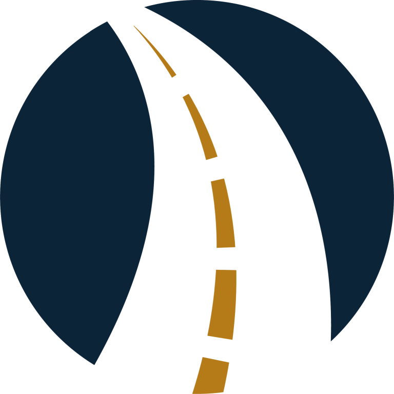 Abstraktes Logo mit Straße in einer runden Form, blau und goldfarben.